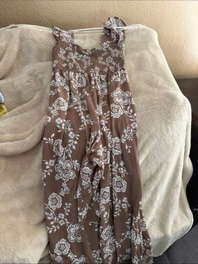 Inspire Brown Floral Smocked Maxi Dress with Ruffle Straps